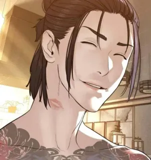 🤩 de83c3ca man, tattoo, glimlach, kusafdruk, anime stijl whatsapp sticker