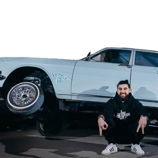 👌 fad66abf Lowrider, Hombre, Coche, En cuclillas, Gesto con la mano, Coche de lujo telegram sticker