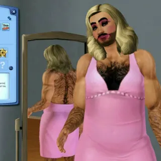 🤡 6cbcf898 sims, travesti, crossdresser, homem de vestido, vestido rosa, video game, peludo whatsapp sticker