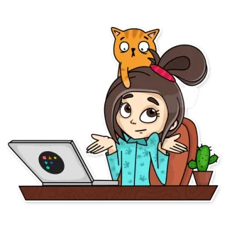 🤷‍♀️ 096c7cb6 vrouw, kat, laptop, cactus, illustratie, schattig, cartoon telegram sticker