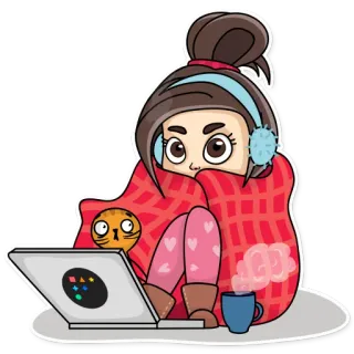 🥶 36ceb368 meisje, deken, kat, laptop, gezellig, winter, cartoon telegram sticker