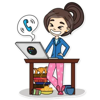 📞 827e767d Cartoon, Vrouw, Werken, Bureau, Kat, Telefoontje, Pyjama, Computer telegram sticker