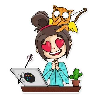 ❤️ 96ebb3e9 vrouw, kat, cartoon, liefde, laptop, hart, sticker, cactus telegram sticker