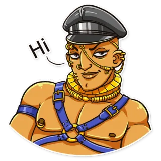 😏 cca00e0c Hi man, leather, uniform, hat, jewelry, expression, greeting, cartoon telegram sticker