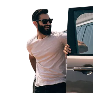 🚗 76d17180 мужчина, солнцезащитные очки, борода, футболка, машина, дверь, кэжуал, улыбающийся telegram sticker