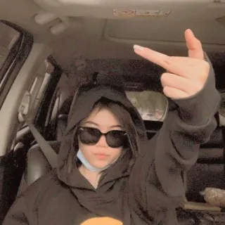 ☁️ 9d1e37eb dedo do meio, gesto, mulher, óculos de sol, moletom com capuz, carro telegram sticker