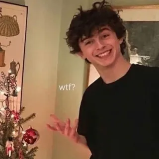 😐 915804e6 wtf? hombre, sonrisa, pelo rizado, árbol de Navidad, wtf, casual telegram sticker