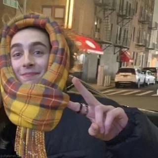 ✌️ ab6003e4 persona, bufanda, signo de paz, retrato, sonrisa, anillo, ciudad, interior telegram sticker