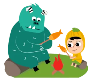 🐟 671b1384 怪物, 篝火, 卡通, 孩子, 鱼, 烹饪, 自然, 快乐 telegram sticker