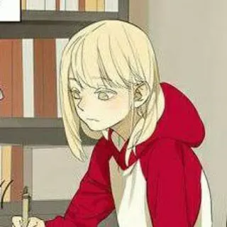 🌟 f16ef3a0 anime meisje, blond haar, rode hoodie, illustratie, cartoon, tekening telegram sticker