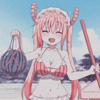 🐉 69bd0f2a Tohru Miss Kobayashi's Dragon Maid アニメ, ドラゴン, メイド, かわいい, ビーチ, スイカ, ビキニ telegram sticker