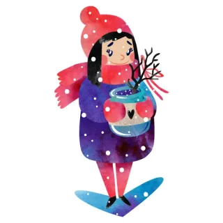 🌸 00498902 冬天, 女孩, 围巾, 雪, 水彩, 可爱 telegram sticker