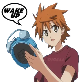 ⏰ cad8adb7 WAKE UP jam alarm, bangun, anime, kartun, orang, pesan telegram sticker