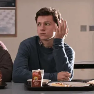 😐 8fd3e407 Peter Parker Spider-Man person, actor, movie, lunch, thinking, tom holland, spider-man, marvel telegram sticker