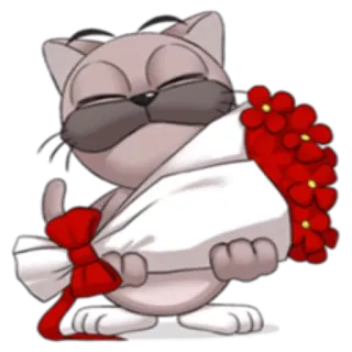 💐 23db600f kat, dier, cartoon, bloemen, boeket, rood, strik, schattig telegram sticker