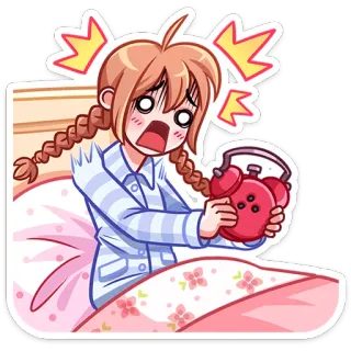 ⏰ 4126b9e3 jam alarm, anime, kartun, gadis, mengantuk, pagi, ranjang telegram sticker