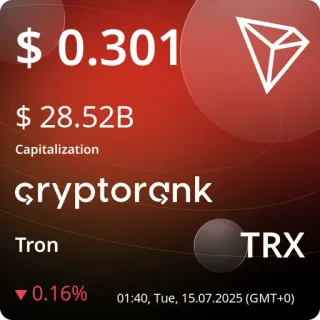 💵 13e0e741 $ 0.301 $ 28.52B Capitalization cryptorçnk Tron TRX ▼0.16% 01:40, Tue, 15.07.2025 (GMT+0) cryptocurrency, tron, trx, finance, investment, market, crypto telegram sticker