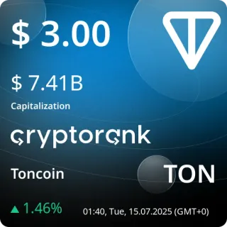 💵 c75d8d41 $ 3.00
$ 7.41B
Capitalization
cryptorçnk
Toncoin
ΤΟΝ
▲ 1.46%
01:40, Tue, 15.07.2025 (GMT+0) cryptocurrency, Toncoin, finance, investment, digital currency telegram sticker