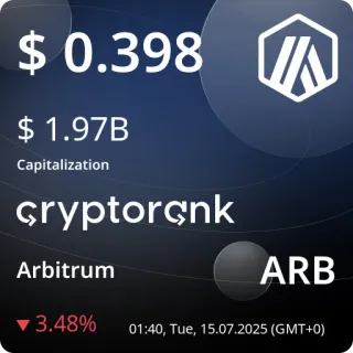 💵 cd9b1f3e $0.398 $ 1.97B Capitalization cryptorçnk Arbitrum ARB ▼3.48% 01:40, Tue, 15.07.2025 (GMT+0) cryptocurrency, Arbitrum, ARB, financial, investment, capitalization, cryptorank telegram sticker