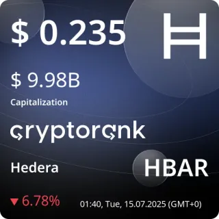 💵 ed4b212b $ 0.235 Η
$ 9.98B
Capitalization
cryptorçnk
Hedera
HBAR
▼6.78%
01:40, Tue, 15.07.2025 (GMT+0) cryptocurrency, digital currency, finance, investment, HBAR, Hedera telegram sticker