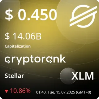 💵 f025406d $ 0.450
$ 14.06B
Capitalization
cryptorçnk
Stellar
XLM
▼ 10.86%
01:40, Tue, 15.07.2025 (GMT+0) cryptocurrency, Stellar, XLM, finance, investment, market, digital currency telegram sticker