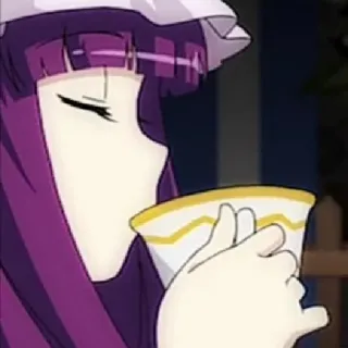 🧐 56ef7cf1 Anime, Mulher, Bebendo, Chá, Cabelo roxo, Bonito whatsapp sticker