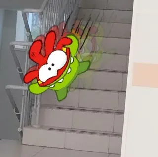 😂 145c1918 Om Nom Cut the Rope Om Nom, Cut the Rope, jatuh, kartun, hijau, tangga telegram sticker