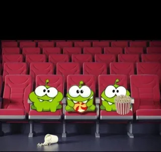 😂 405e9341 Om Nom Om Nom, Cut the Rope, monster hijau, permen, berondong jagung, bioskop telegram sticker