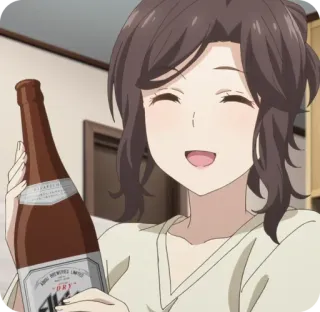 😄 ac19071a anime, kobieta, piwo, butelka, uśmiechnięta whatsapp sticker