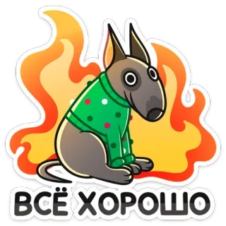 🔥 2c1ca50c ВСЁ ХОРОШО dog, sweater, fire, cartoon, animal, russian, text telegram sticker