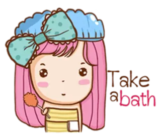 🛀 77ee4be4 Take a bath ванна, душ, мило, мультфильм, девушка, розовые волосы, бант, полотенце telegram sticker