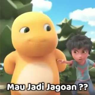 😎 07598646 Mau Jadi Jagoan ?? dinosaurio, dibujos animados, niño, pregunta telegram sticker