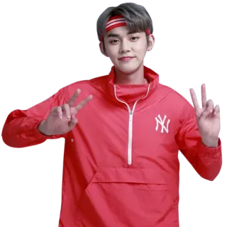 ✌️ 5ea25727 kpop, peace sign, red jacket, new york yankees, headband, asian whatsapp sticker