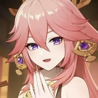 🌸 0d3b754a Yae Miko Genshin Impact animé, Genshin Impact, Yae Miko, personnage de jeu vidéo, cheveux roses, yeux violets, renard whatsapp sticker