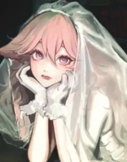 🌸 8d84ca0f fille anime, robe de mariée, cheveux roses, voile, gants, portrait, mignon, illustration whatsapp sticker