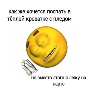 🙈 8c78210a как же хочется поспать в
тёплой кроватке с пледом
но вместо этого я лежу на
парте Эмодзи, Сон, Кровать, Школа, Русский, Мем telegram sticker