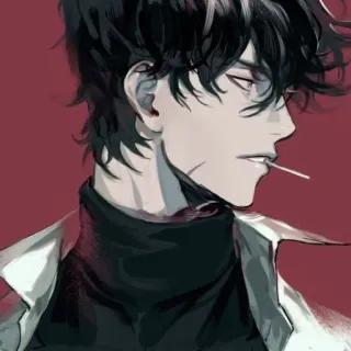 🚬 97af6edc pria, gaya anime, latar belakang merah, permen lolipop, rambut hitam telegram sticker