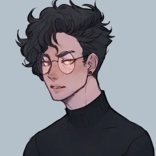 😏 2c7474e4 personaggio, ritratto, occhiali, anime, dolcevita nero, capelli ricci, illustrazione telegram sticker