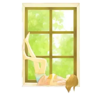 😊 5c7560b4 窓, 女の子, リラックス, 脚, 横たわる, 日光, 自然 telegram sticker