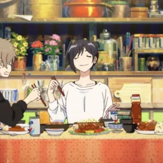 🥥 9bcafc1b anime, food, eating, table, characters, dinner whatsapp sticker