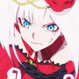 🥀 9038b8ee anime, gaun merah, rambut putih, mata biru, marah, luka, mahkota, mawar telegram sticker