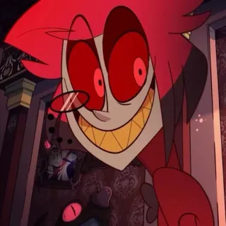 🔴 a570b528 Alastor Hazbin Hotel 阿拉斯托, Hazbin Hotel, 卡通, 恶魔, 微笑, 红色 telegram sticker