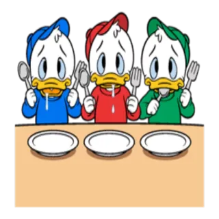 🍲 6ec861a7 ducklings, Disney, dinner, empty plates, waiting, hungry whatsapp sticker