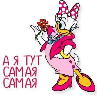 😕 46832fd8 Daisy Duck А Я ТУТ САМАЯ САМАЯ 卡通, 鸭子, 黛丝, 迪士尼, 花 telegram sticker