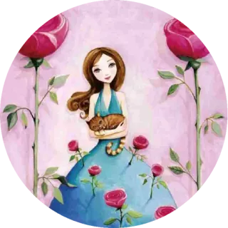 😫 34613e7d menina, gato, rosas, arte, ilustração, pintura whatsapp sticker