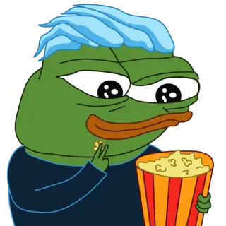 🍿 0ba9bacf Pepe the Frog pepe the frog, frog, meme, popcorn, watching, blue hair telegram sticker
