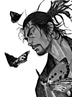 β d21e7c70 Miyamoto Musashi Vagabond manga, samurai, black and white, sword, butterflies telegram sticker
