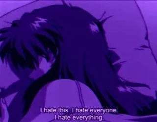 💜 99d96027 I hate this. I hate everyone. I hate everything. triste, anime, odio, emociones negativas whatsapp sticker