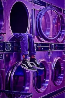 💜 ae3452fc lavandería, lavadora, piernas, zapatillas Vans, sentado, morado, lavandería automática whatsapp sticker