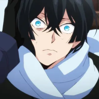 🌐 2dff37a6 animé, homme, personnage, visage, écharpe, cheveux noirs, yeux bleus telegram sticker